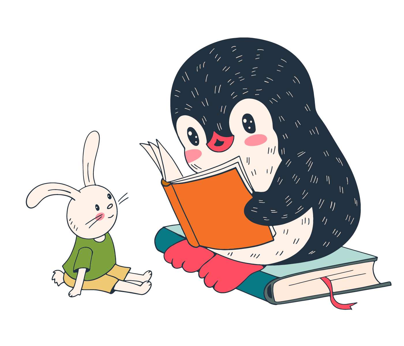 Illustrated graphic of penguin reading book to rabbit