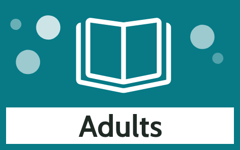 Teal graphic with book icon and bubble accents labelled "Adults"