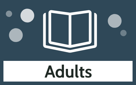 Navy graphic with book icon and bubble accents labelled "Adults"