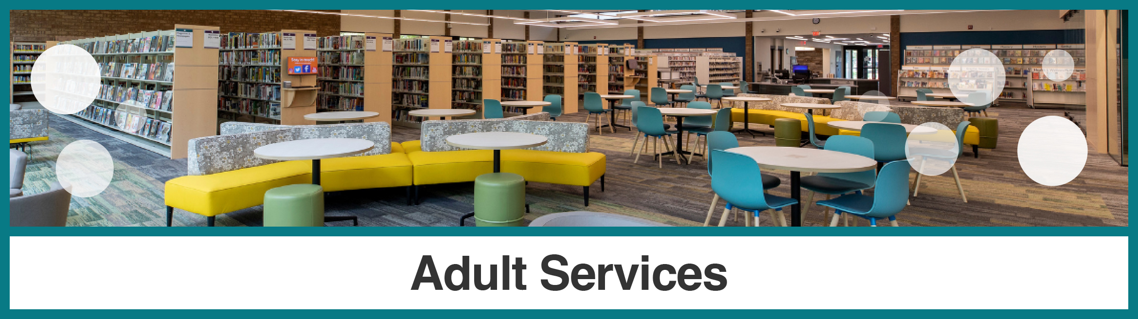 Interior photo of library reading area with comfortable seating, tables, and bookshelves in background