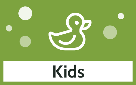 Green graphic with duck icon and bubble accents labelled "Kids"