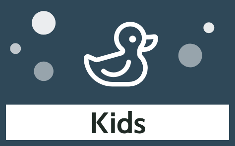 Navy graphic with duck icon and bubble accents labelled "Kids"