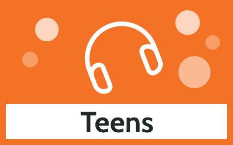 Orange graphic with headphones icon and bubble accents labelled "Teens"