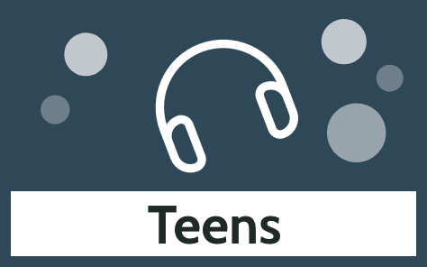 Navy graphic with headphones icon and bubble accents labelled "Teens"