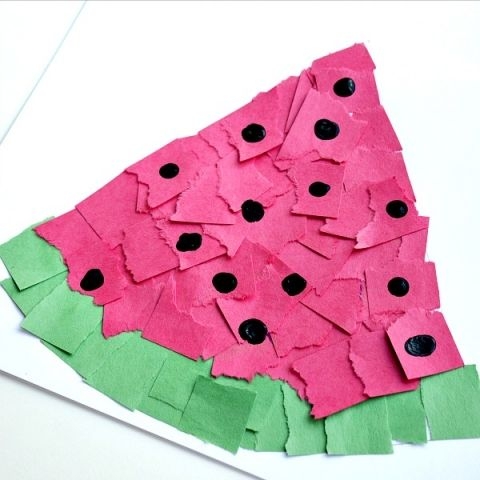 Make a slice of watermelon by tearing and gluing pieces of paper to a plate