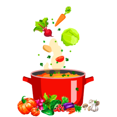 Graphic of red pot with vegetables