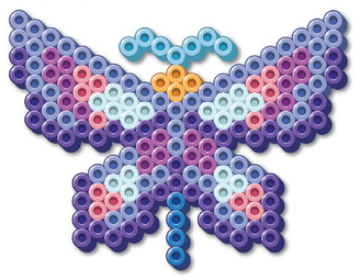 Butterfly made from Perler Beads in shades of purple, pink, blue, and yellow