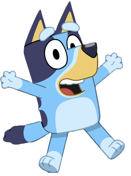 Bluey character with arms and legs outstretched, looking excited