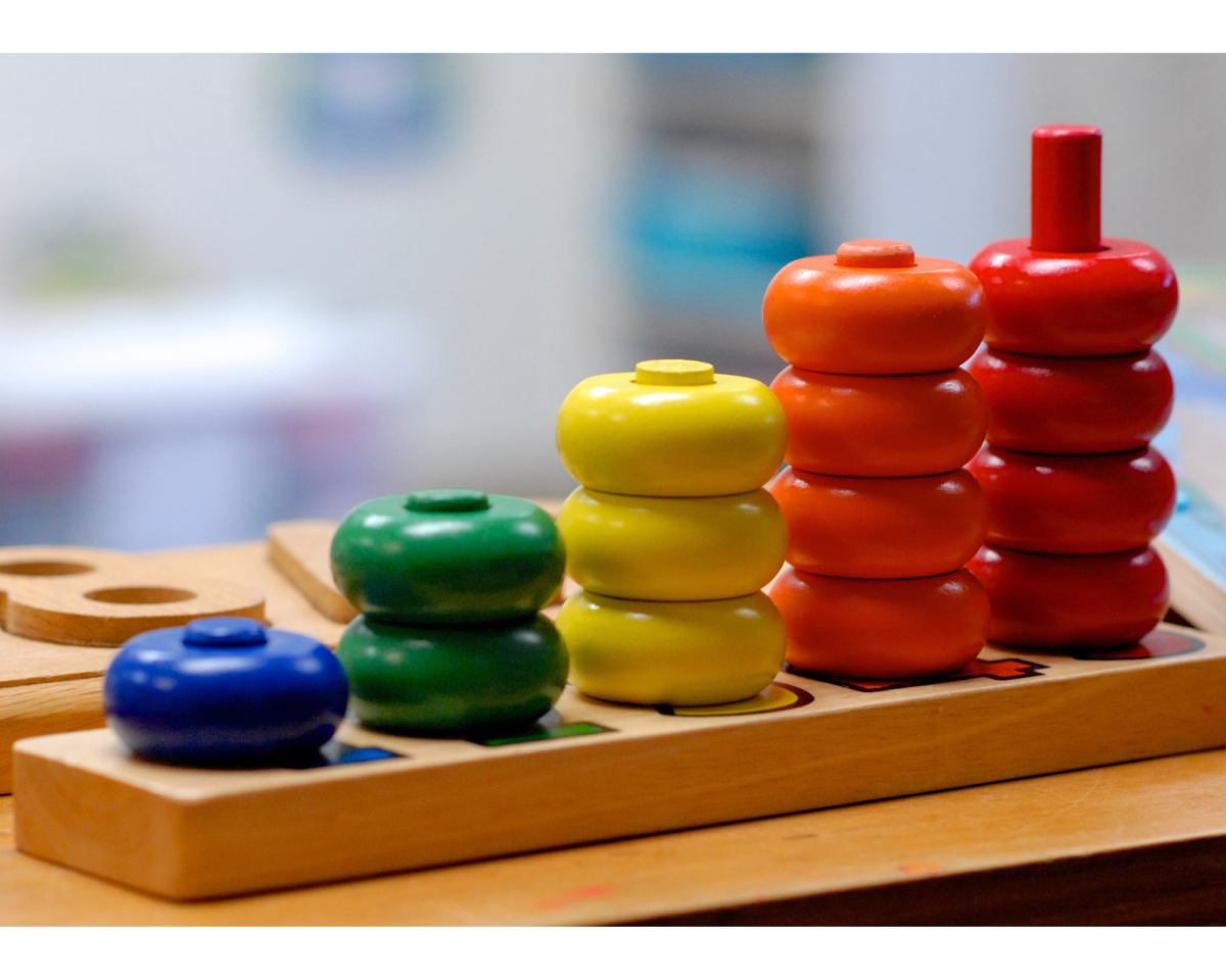 Colored counting rings on spindle toy - from one to five rings.