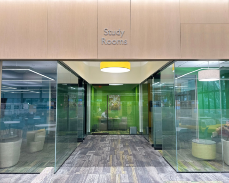 View down hallway of glass-walled study rooms