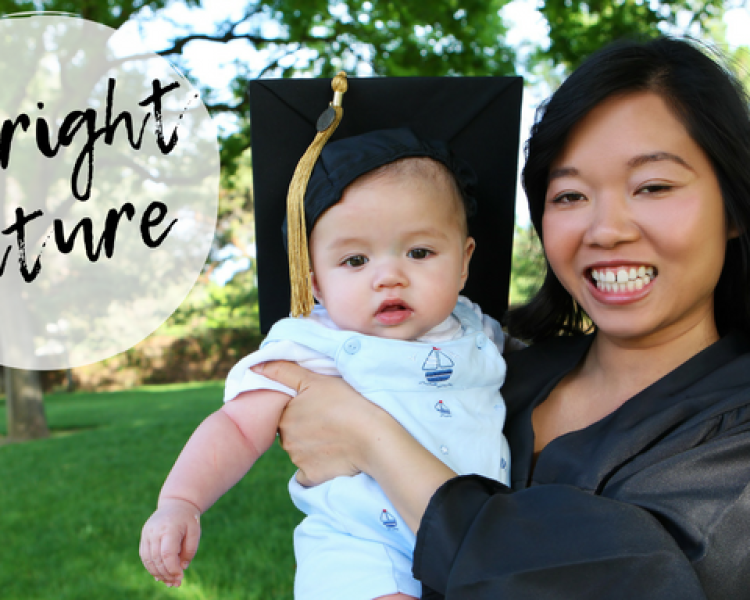 Photo of young woman wearing a graduation gown holding a baby wearing her graduation mortarboard cap with caption "a bright future"